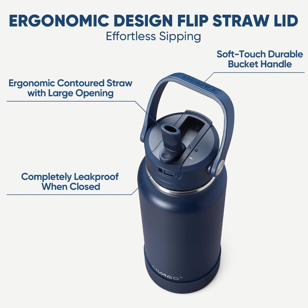 CIVAGO 32 oz Insulated Stainless Steel Water Bottle with Removable Straw | Large Leakproof Metal Water Jug, Sports Thermal Flask Cup with Bucket Handle, Silicone Boot, Dishwasher Safe, BPA-Free, Black
