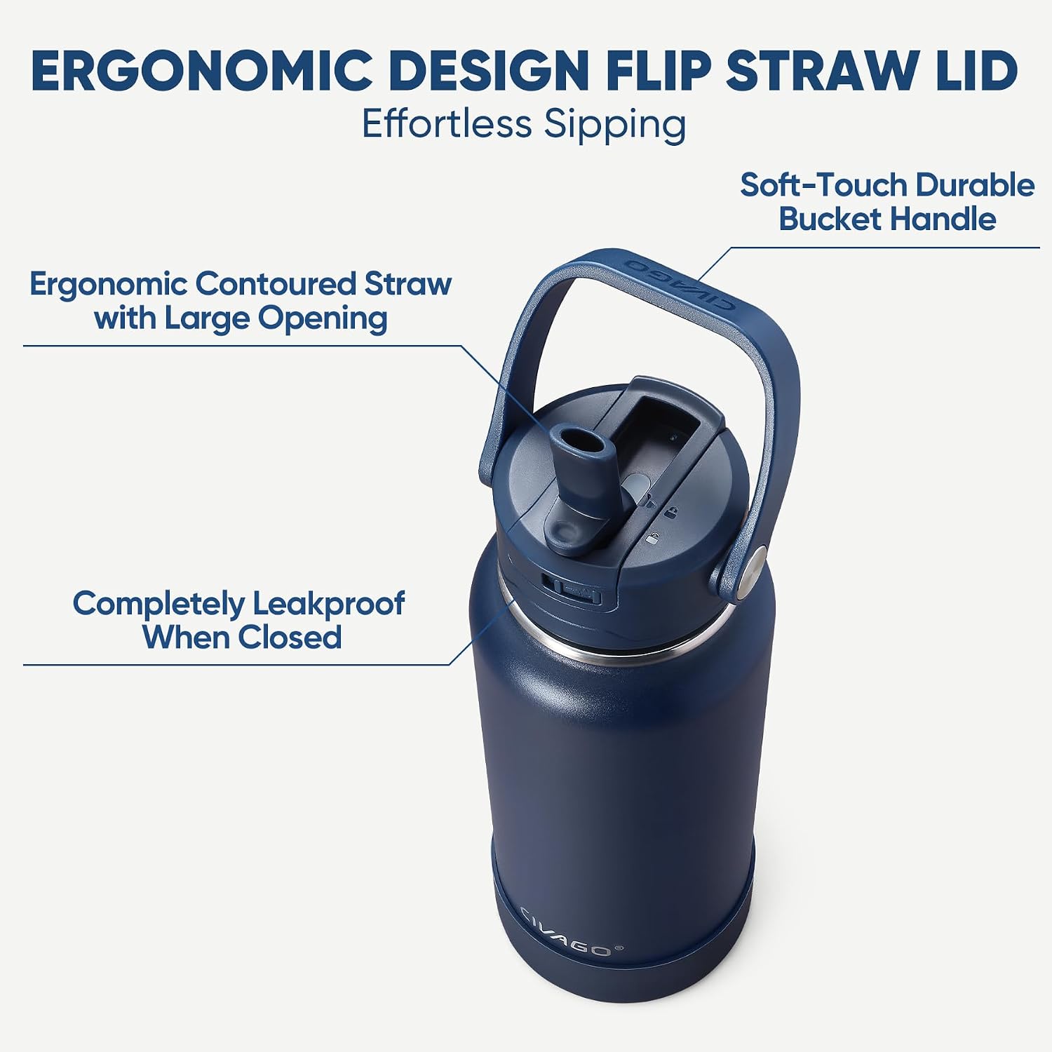 CIVAGO 32 oz Insulated Stainless Steel Water Bottle with Removable Straw | Large Leakproof Metal Water Jug, Sports Thermal Flask Cup with Bucket Handle, Silicone Boot, Dishwasher Safe, BPA-Free, Black
