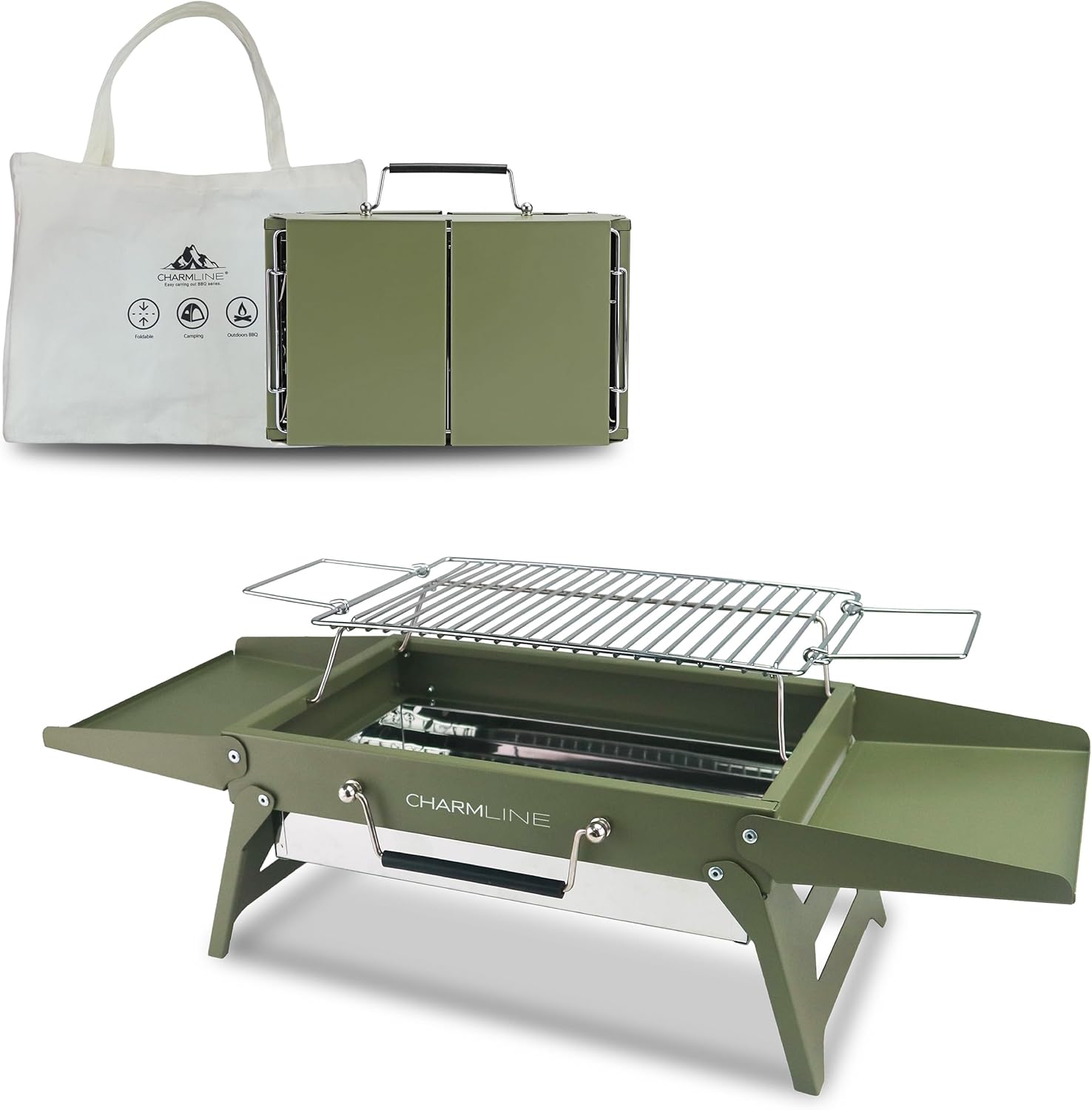 Charmline 14 x 9 inches Small Portable Charcoal BBQ Grill, Foldable Compact Camping Barbecue for 1–3 People, Ideal for Camping, Tailgating, Beach, Picnic & Tabletop Use, Green
