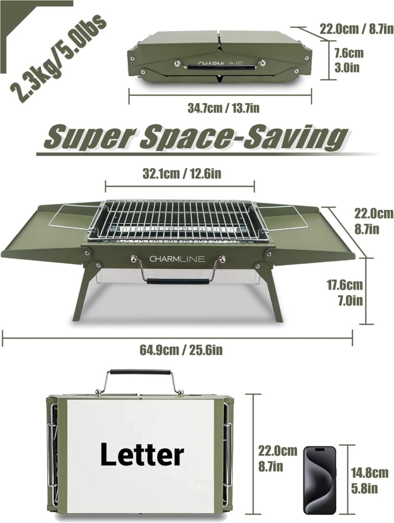 Charmline 14 x 9 inches Small Portable Charcoal BBQ Grill, Foldable Compact Camping Barbecue for 1–3 People, Ideal for Camping, Tailgating, Beach, Picnic & Tabletop Use, Green